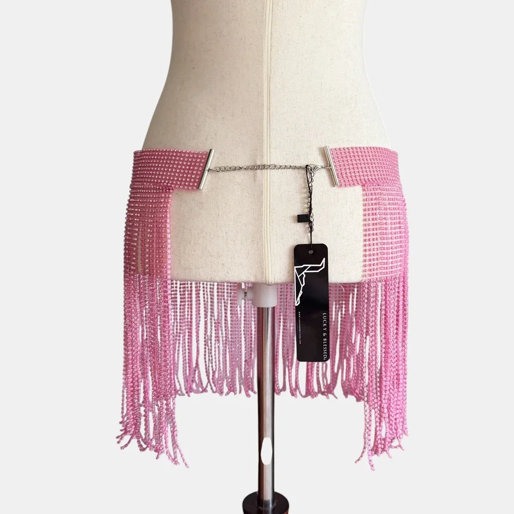 L&B Pink Rhinestone Fringe Belt Festival Rave M‎ Statement Tassel Accessory Wrap
